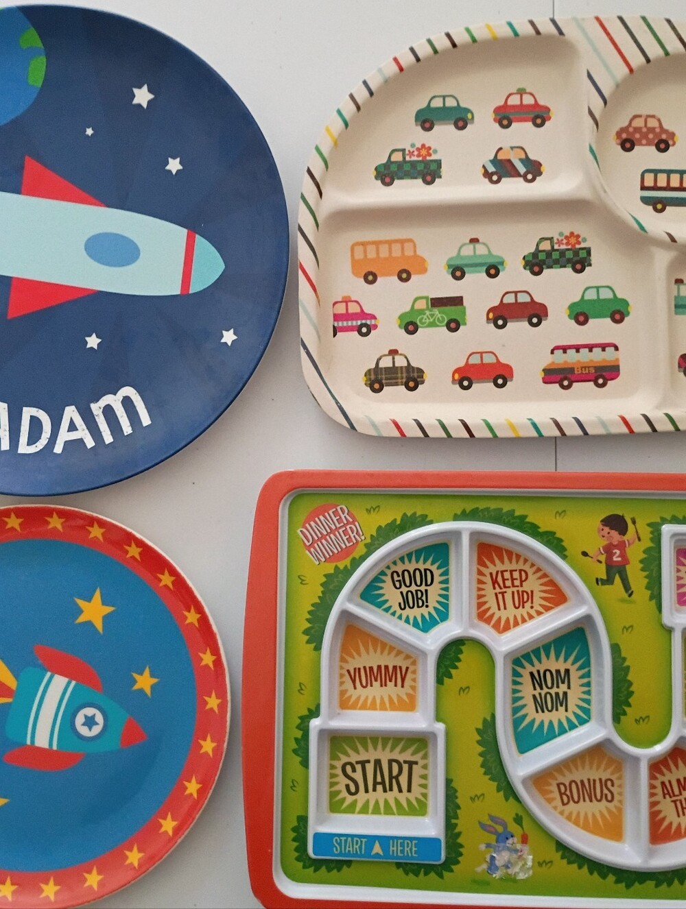 4 Children's Space & Car Themed Plates - Blue, Red, Cream, Green